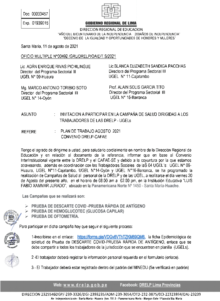 OFICIO MULTIPLE N°00492 /GRL/DRELP/OAIE//2021 – INVITACION A PARTICIPAR  EN LA CAMPAÑA DE SALUD DIRIGIDAS A LOS TRABAJADORES DE LAS UGELs – UGEL Nº  14 OYÓN